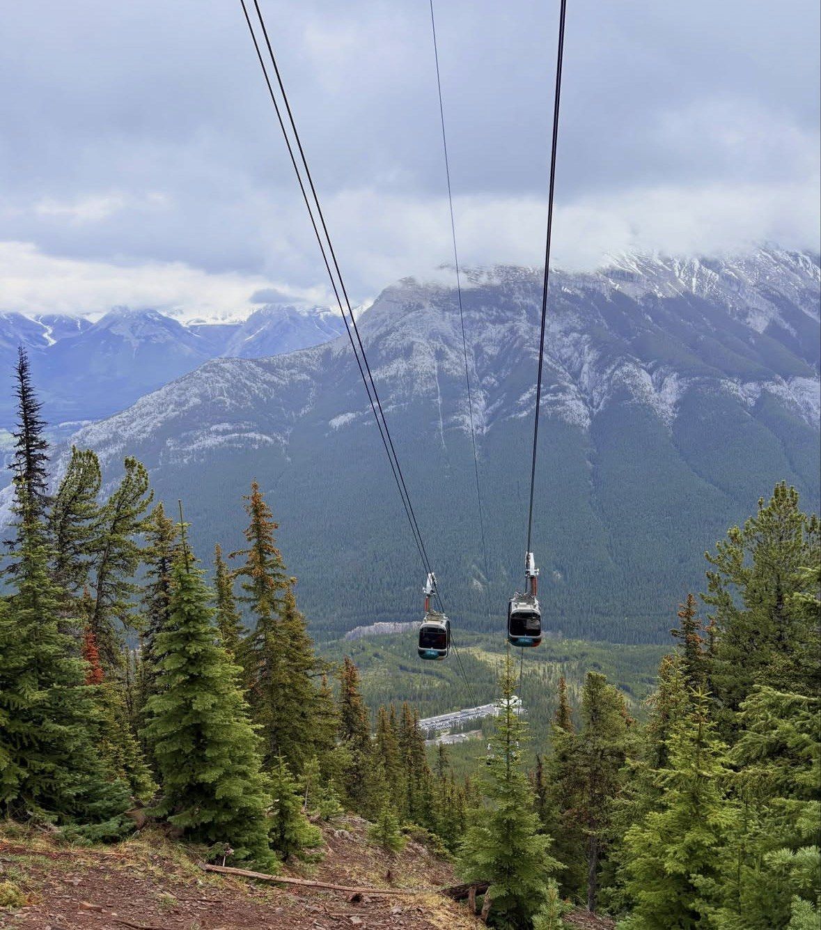 Two gondola cabins descending above conifers toward a cloud-covered mountain range